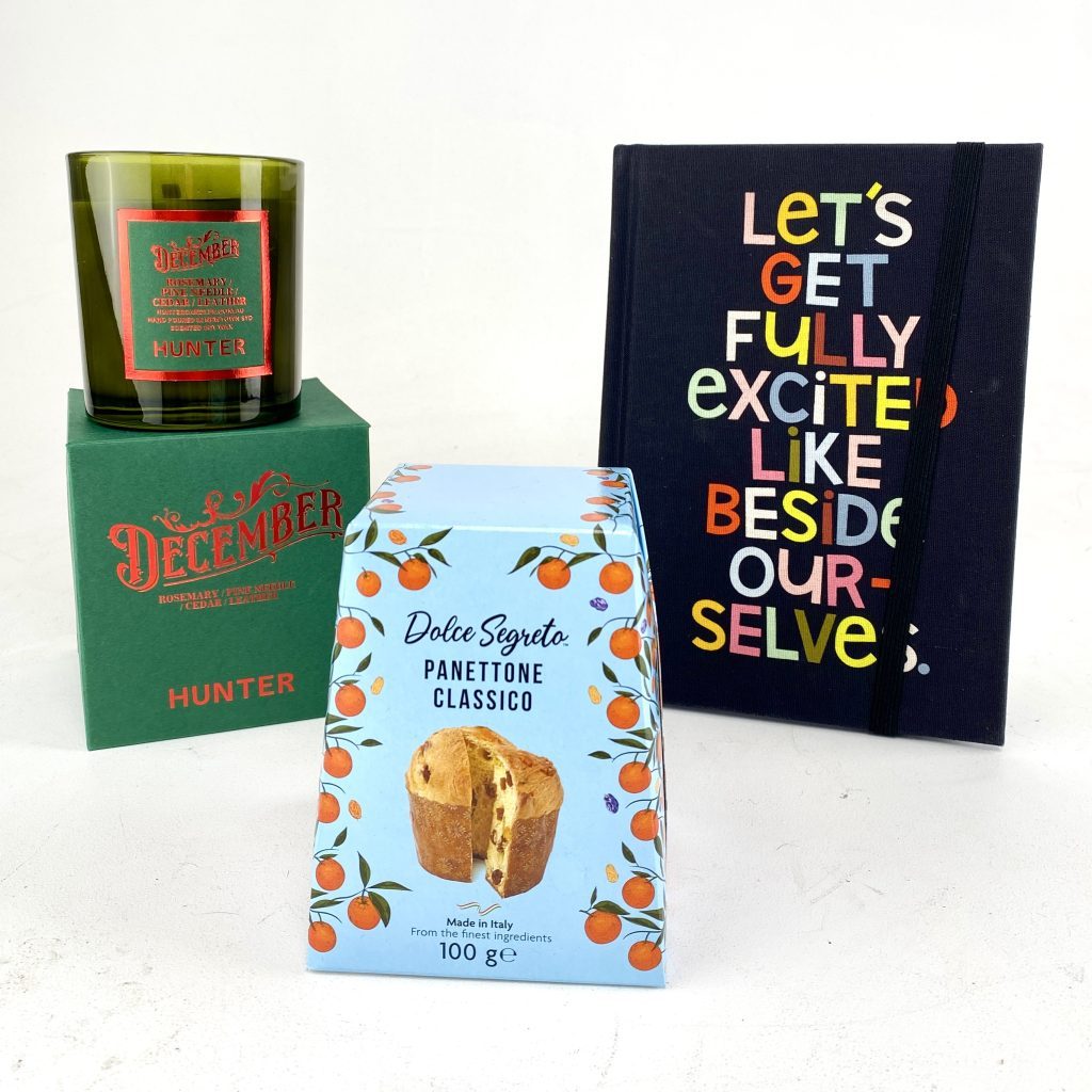 Christmas add-ons including mini panettone, Rachel Castle 2026 diary, and festive candle