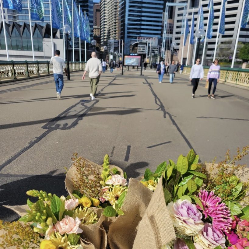 Flower delivery by bike crossing Pyrmont Bridge towards Sydney CBD